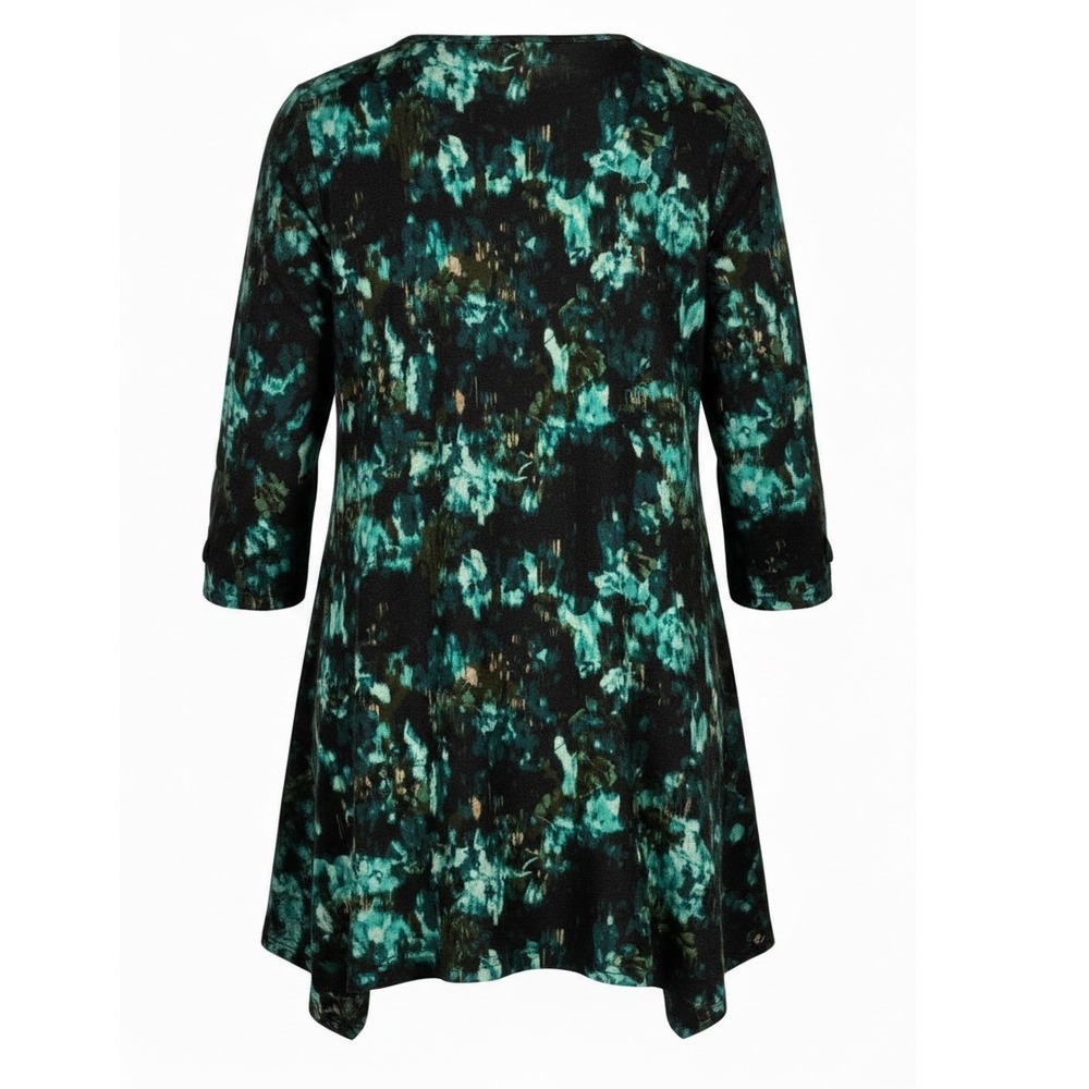 Covington Woman Teal Black Abstract V-Neck Sharkbite Hem Tunic Top 2X 3/4 Sleeve